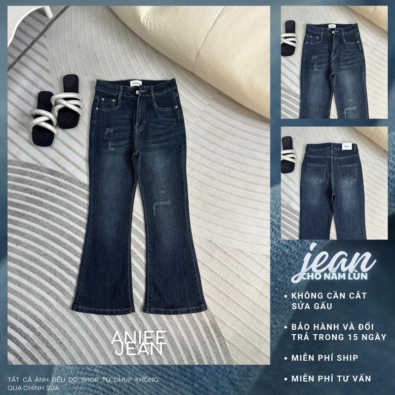 Quần jean ống loe,quần bò nữ ống loe Aniee lưng cao ống xước vải denim màu ánh xanh dài 87cm cho nấm lùn -LOEXANHXUOC Women Pants