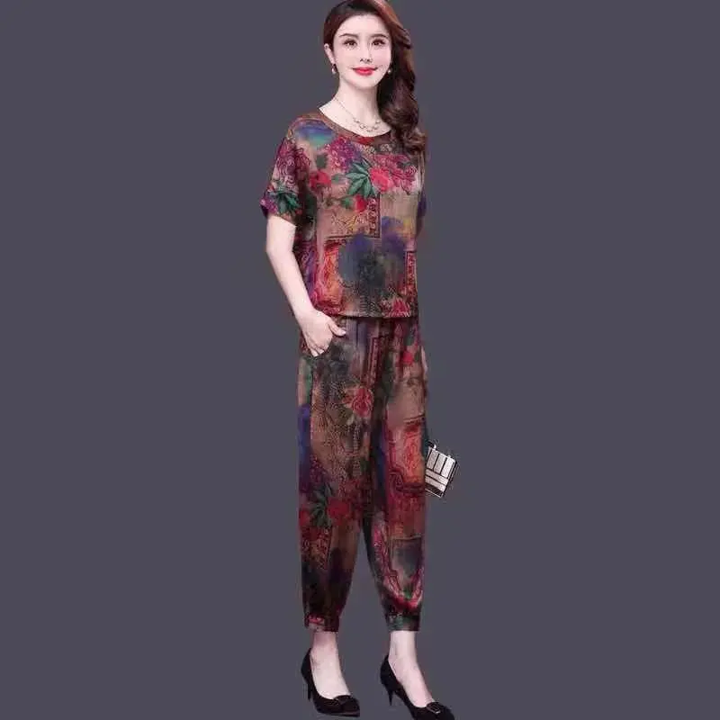 Bộ Đồ Quần Harem Nữ, Hàng Mới Về Mùa Hè, Sợi Xiangyun Giả, Chất Liệu Lụa Nặng Giả, Bộ Đồ Hai Mảnh Cho Mẹ TRUNG NIÊN 2