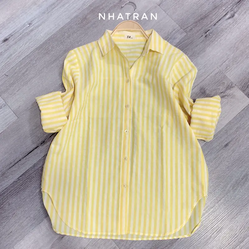 nhatran - Áo sơ mi nữ cổ bẻ tay dài sọc kẻ phom vừa Top Women Pastel SOC 6