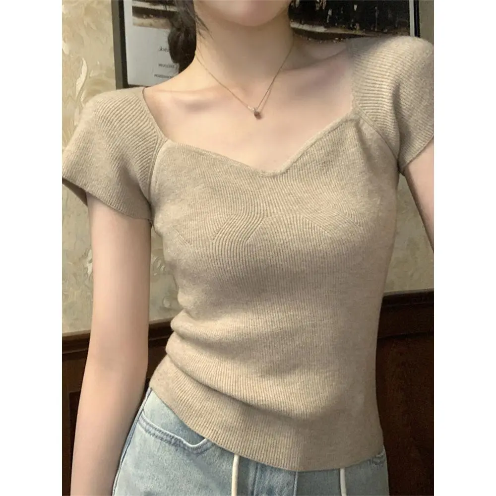 Áo Thun Ngắn Tay Dệt Kim Trễ Vai Phong Cách Pháp, Trang Phục Mùa Hè Cho Nữ, Cổ Áo Thấp Gợi Cảm, Vừa Vặn, Áo Sang Trọng Và Đẹp Top Women