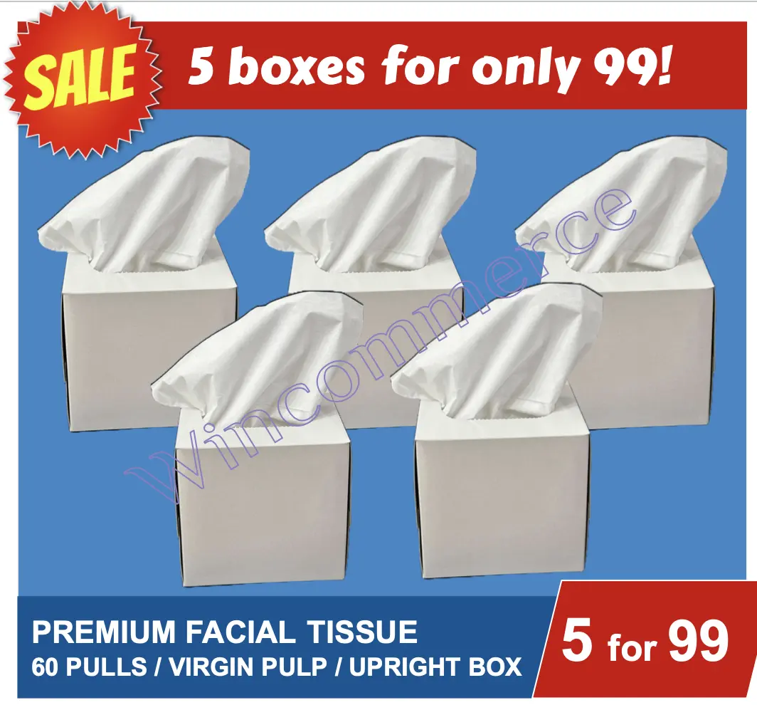 5 FOR 99 PREMIUM FACIAL TISSUE 120 SHEETS 60 PULLS VIRGIN PULP UPRIGHT ...