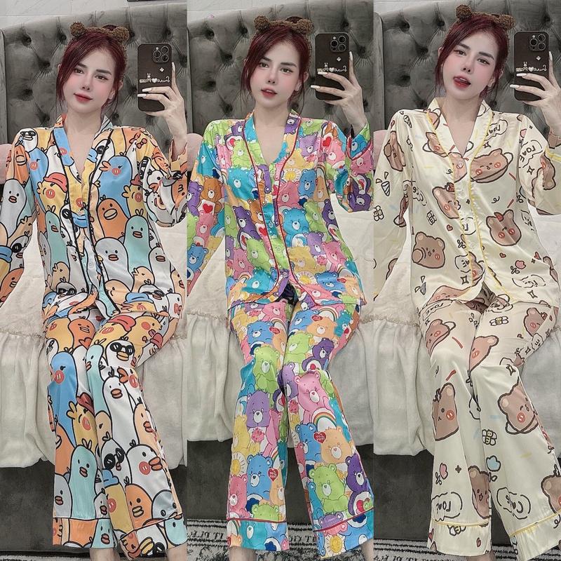 Đồ bộ tay dài cổ v lụa latin mềm mịn mát thiết kế mới , đồ bộ nữ lụa mịn , pijama nữ lụa mịn mát , size dưới 60kg , đồ bộ pizama tay dài