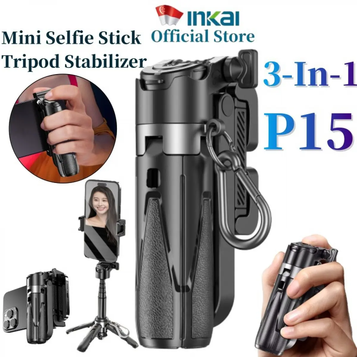P15 Mini Selfie Stick 3-In-1 Portable Telescopic Multifunctional Tripod Stabilizer with Remote Phone Selfie Stick for Live Streaming tnw  t10  tripod tripod  ikan tripod  fish p15  Singapore straight hair  mini  tripod bluetooth  selfie  stick