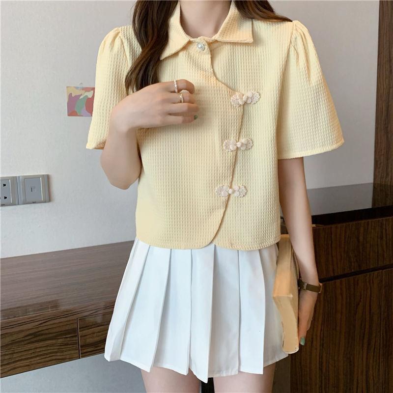 Product Introduction of Cheongsam Button Polo Collar Short-Sleeved Shirt Women's Summer 2025 New Design Sense Niche High-Grade Short Shirt Fashion Top Womenswear Blouse Lingerie Casual Comfort Basic Collared Minimalist 5