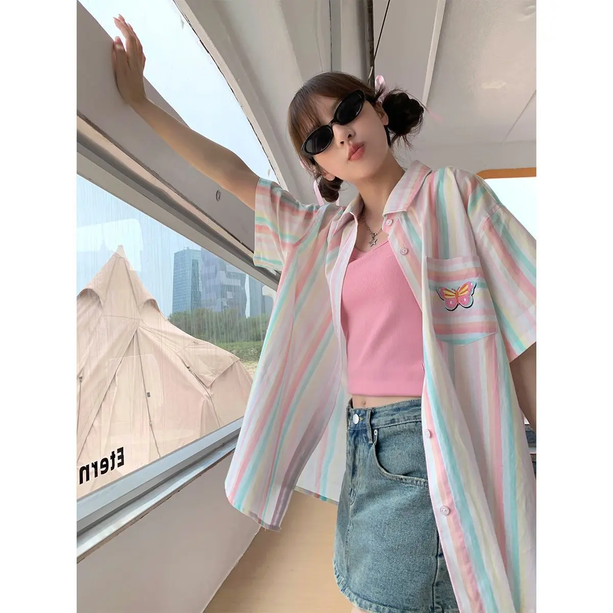 Áo Sơ Mi ngắn Tay Sọc Phong Cách Nhật Bản, Dành Cho Nữ, Áo Sơ Mi Thái Dễ Phối Đồ Phong Cách Preppy, Trang Phục Dopamine, Thích Hợp Cho Học Sinh, Áo Mùa Hè