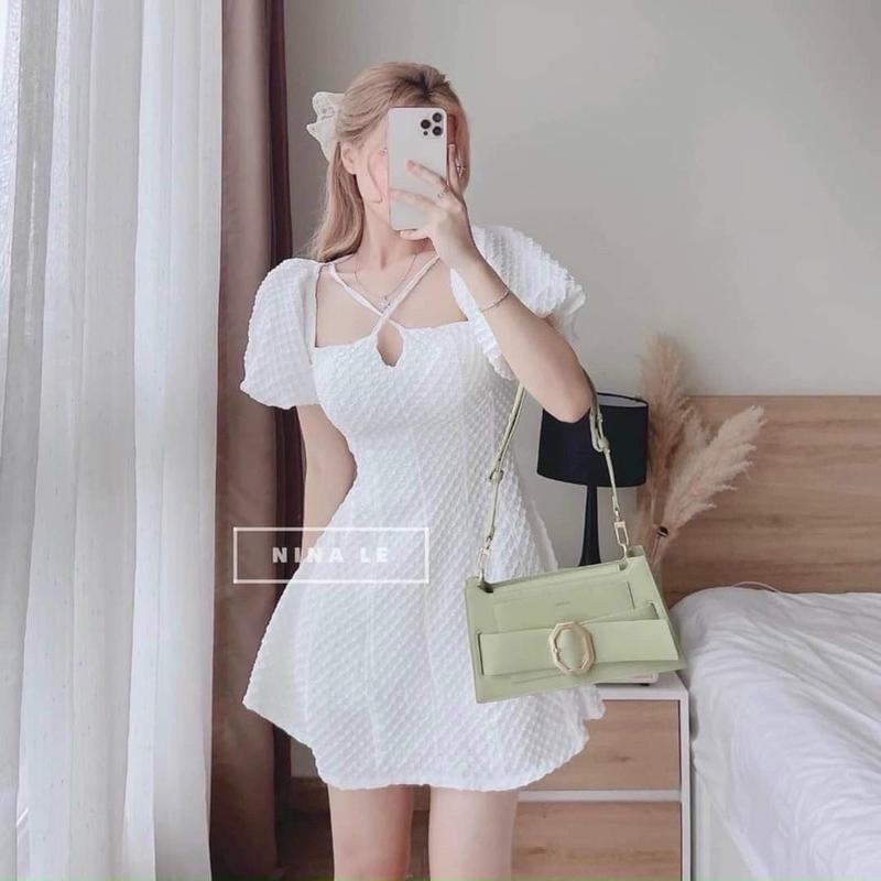  Bythangvy XẢ KHO  Đầm tay phồng chéo dây cổ dáng ngắn vải xốp bàn cờ xinh dress woman nữ 
