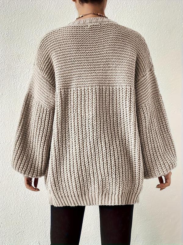 Women's Solid Color Drop Shoulder Long Sleeve Cardigan, Casual Open Front Knitwear for Fall & Winter, Women's Knit Clothing for Daily Wear 1