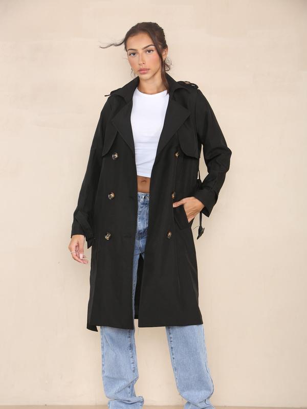 Women's Solid Double Button Belted Trench Coat, Elegant Lapel Neck Long Sleeve Coat for Fall & Winter, Women's Clothing for Daily Wear 2