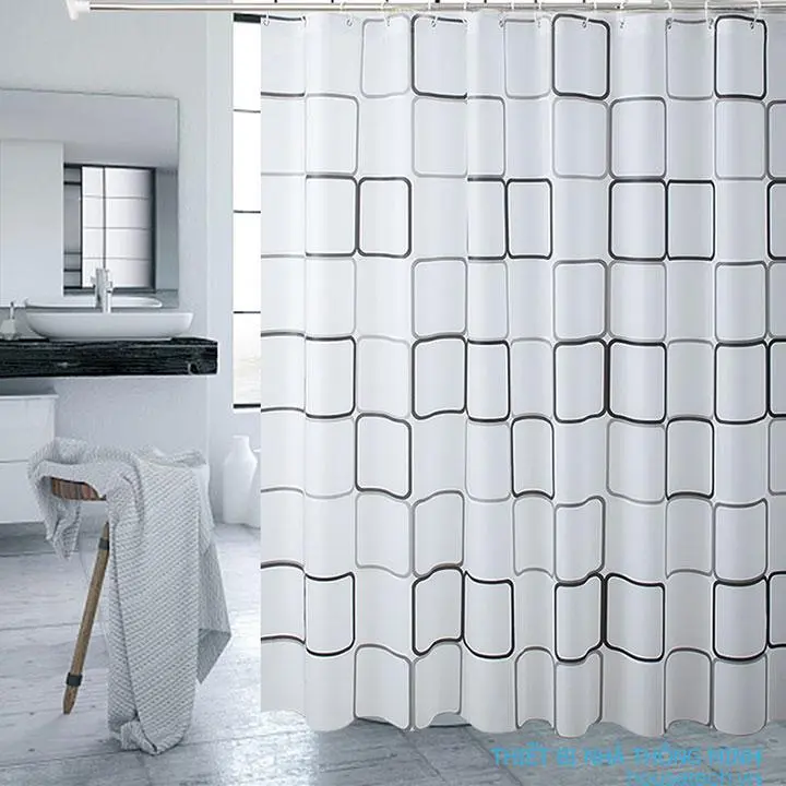 Rèm nhà tắm chống thấm nước HouseTech họa tiết vuông ( tặng kèm móc rèm )