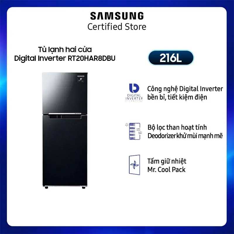 Tủ lạnh hai cửa SAMSUNG Digital Inverter 216L (RT20HAR8DBU) - Miễn phí giao + lắp Hà Nội