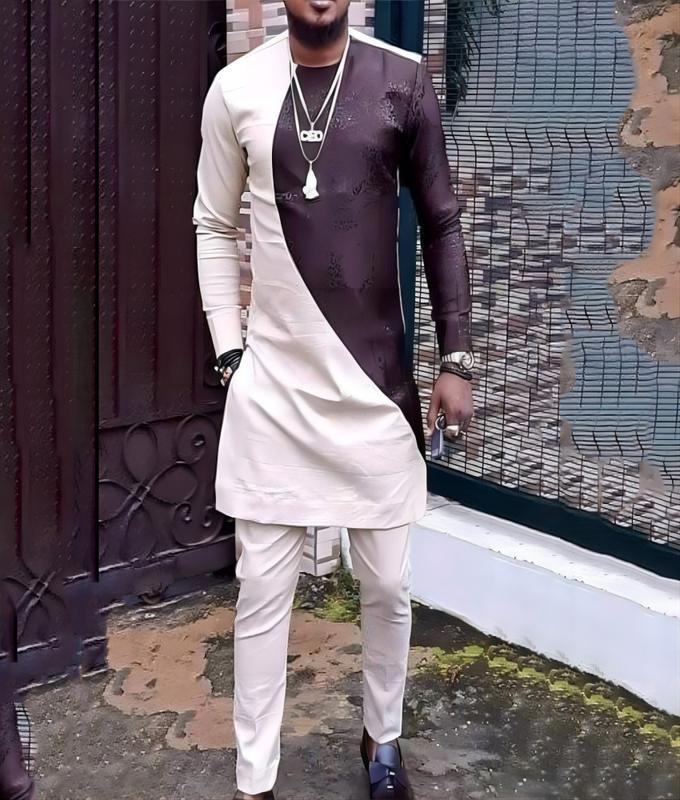 Product Introduction of 2024 Muslim African Style New Spot Casual Color Matching African Ethnic Style Men's Two-Piece Suit 2