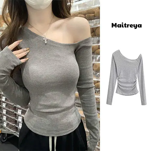 Áo Lệch Vai Nữ Tay Dài Thắt Eo Ôm Body Siêu Tôn Dáng Mẫu Mới Vải Tăm Lông Thỏ Cao Cấp Dày Dặn Mịn Màng Như Da Em Bé m126