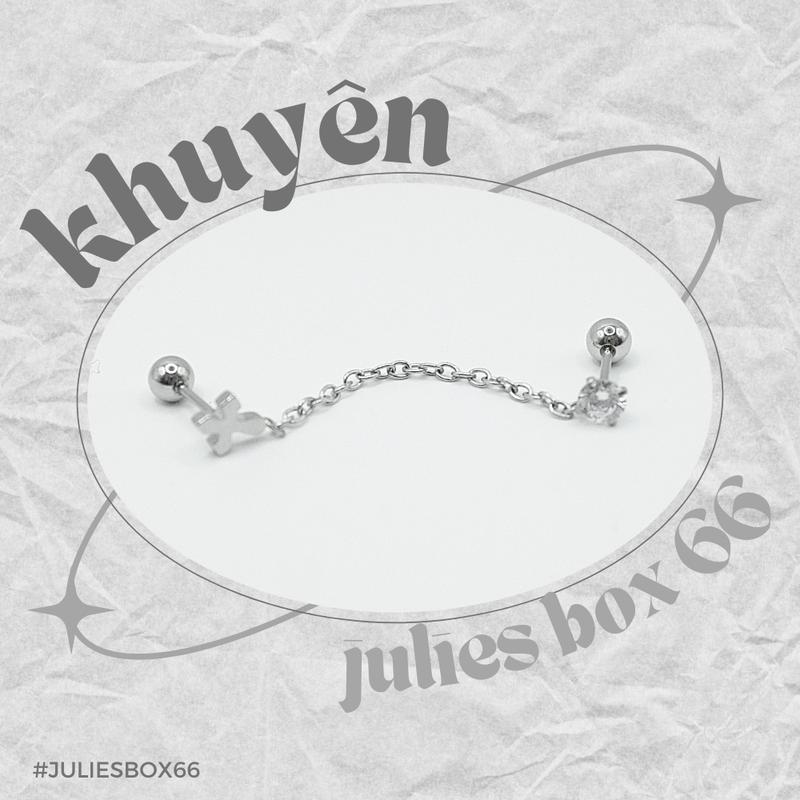[1 Chiếc] [BẤM] Khuyên Tai Nối 1 Thánh Giá và 1 Đá Tròn Màu Bạc Không Gỉ Sét Không Ngứa Không Phai Màu julies box 66