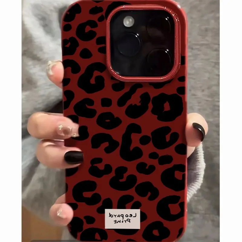 Ốp Lưng iPhone, Thiết Kế Đốm Da Báo Đen Và Màu Đỏ Rượu Vang, Tương Thích Với iPhone Xs Max, 11pro, 13pro, 11, 12, 13, 14, 15, 16plus, 7, 8 plus, Vỏ Thạch Bóng, X, XR, 11, 12, 13, 14, 15, 16pro Max