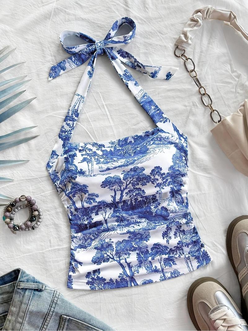 Product Introduction of Women's Landscape Print Halter Neck Top, Casual Sleeveless Top for Summer, Ladies Clothes for Daily Wear 1