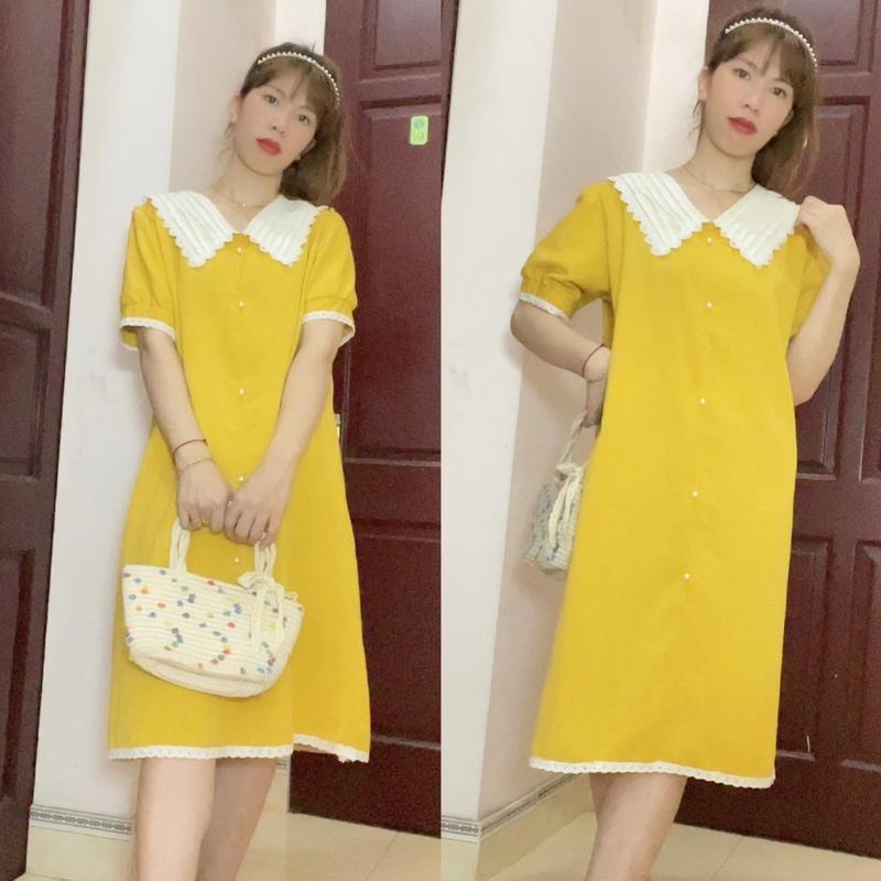 Đầm  Bầu suông vàng phối trắng viền ren