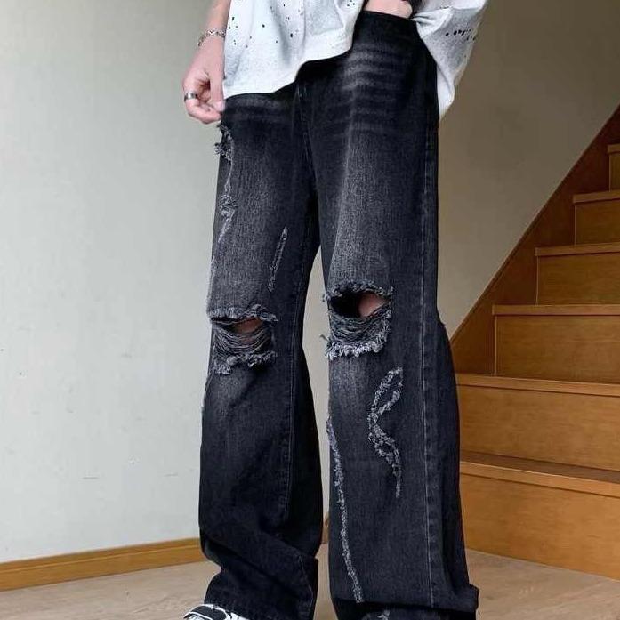 Quần baggy nam màu đen xám kiểu rách chất vải denim ông rộng thoáng mát Jean Fashion ms818 (TRÊN 45KG,DƯỚI 75KG)