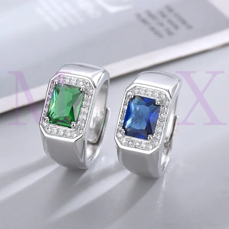 Simulated Blue Corundum Sapphire Men's Diamond-Studded Open Ring Plated with White Gold Green Blue Men's Adjustable Ring