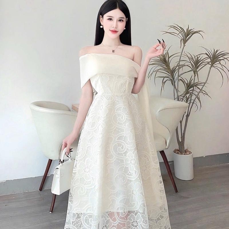 Váy thiết kế ren trễ vai dáng dài phối tơ NQtl2 0