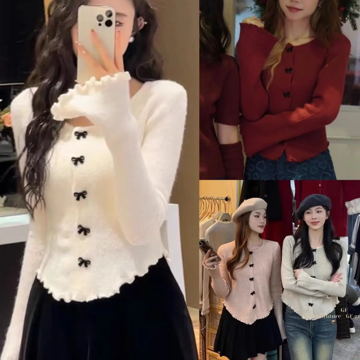 ÁO LEN CARDIGAN NÚT HÌNH NƠ Hàng QC dễ thương vát bầu bèo nhún tay loe nhẹ nhàng (Ảnh cuối nhà Imaybi) - @IMAYBI14.CLOTHING Nữ Nhung Voi Top