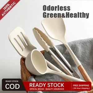 Wooden Handle White color Non-stick Food Grade Silicone Kitchen Utensils Turner/Ladle/Slotted