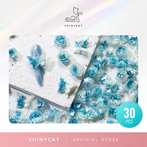 Shinycat 30pcs Aksesori Hiasan Kuku Glitter Glow in the Dark Biru Kupu-Kupu Mawar Bunga Camelia Dekorasi Nail Art