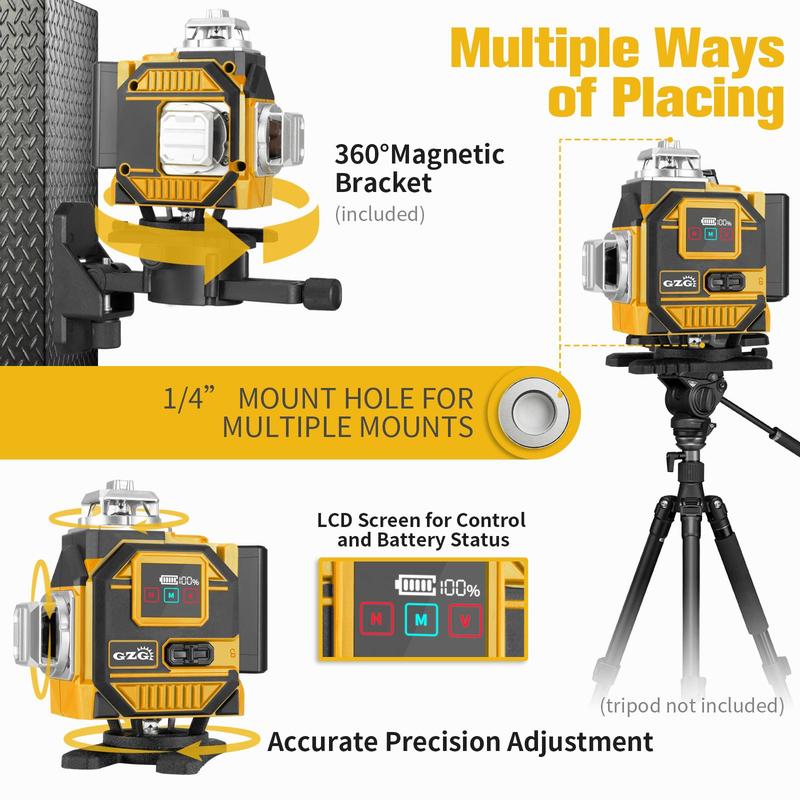 Laser Levels, 4x360 Self Leveling 16 Lines Green Beam 4D Cross Professional Line Laser Tool, LCD Screen, Remote Controller, Lifting Base 3