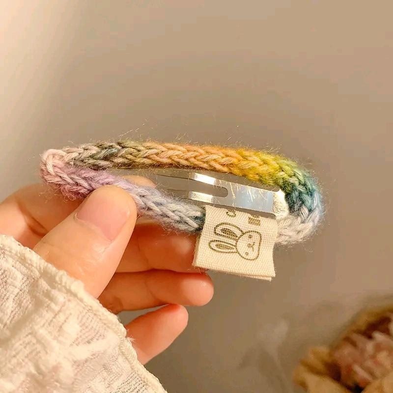 Cute Rainbow Color Wool Woven Barrettes Female Forehead Hairpin Side Fringe Clip Back Head BB Clip Hairware 8