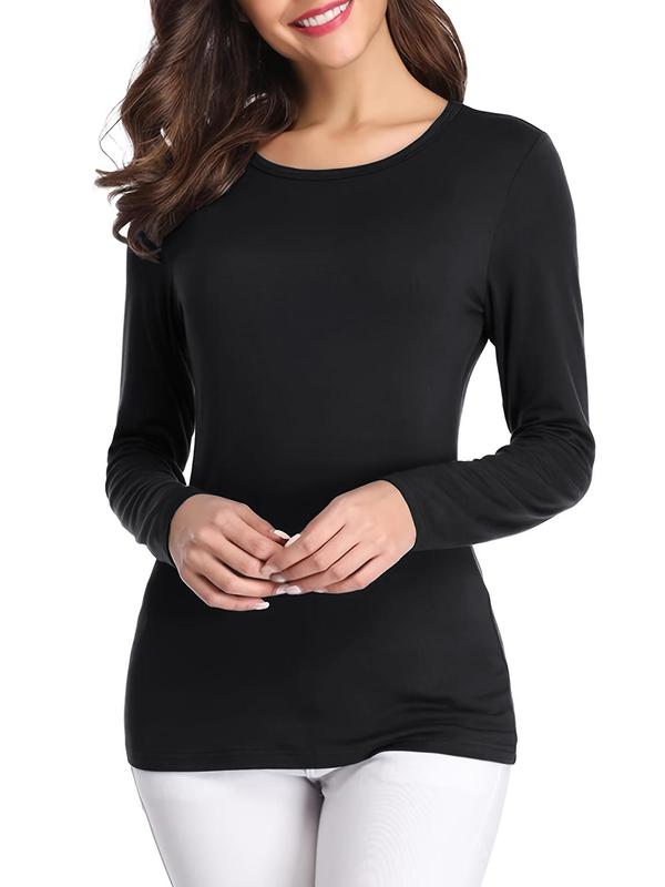 Women's Solid Round Neck Tee, Casual Basic Long Sleeve T-shirt, Ladies Spring & Fall Tops for Daily Wear 2