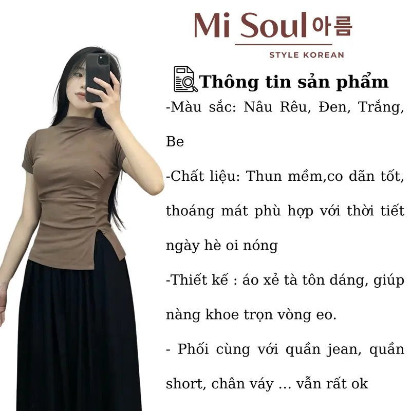 Áo Thun Cổ 3 Phân Cộc Tay Nữ Nhúm Sườn Xẻ Tà BigSize MiSoul, Áo Thun Nữ Cộc Tay Xẻ Tà BigSize MiSoul 218 Top Cổ Tròn Women Sơ Mi 1