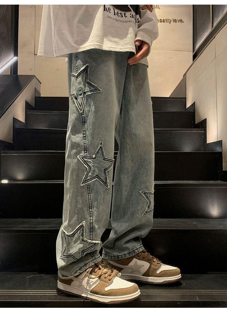 Product Introduction of Pants Men's Ins Fashionable Loose Wide-Leg American Vibe High Street Jeans Men's Fashionable Fried Street Ruan Shuai Straight Men's Pants Sneaker 23