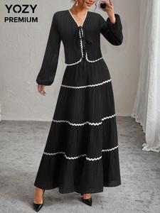 Yozy Women's Colorblock Scallop Trim Bishop Sleeve Tie Front Blouse &  A Line Skirt Two-piece Set, Elegant Fashion Casual Two Piece Outfits for Daily Outdoor Wear, Ladies Clothes for All Seasons