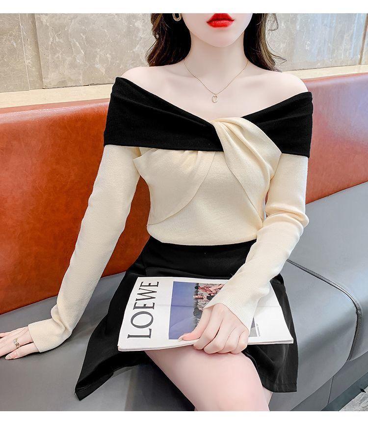 Product Introduction of Áo Lớp Nền Dệt Kim, Dành Cho Nữ, Thiết Kế Thắt Nơ Và Khối Màu, Hàng Mới Về Mùa Thu Và Mùa Đông, Áo Độc Đáo Áo Len Trễ Vai Màu Tương Phản Siêu Đẹp 17