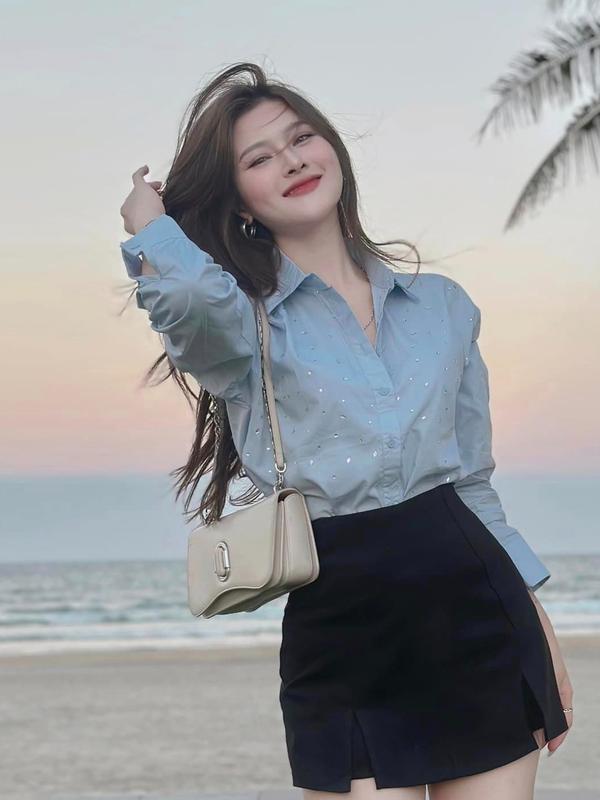 áo Sơ Mi nữ Đính Đá Cao Cấp Công Sở Màu Xanh Dài Tay Dáng Hàn Quốc,Kèm Quần Giả váy,sét áo Sơ Mi nữ Kèm Chân váy S188 áosơmi ánhkim áosơmi miu sétáosơmikèmquầnốngrộng setáoống đồ tingoan áo váy trễvai setyếm setđồ bigsize áo tơsen Women Top Kem Shirt Jean