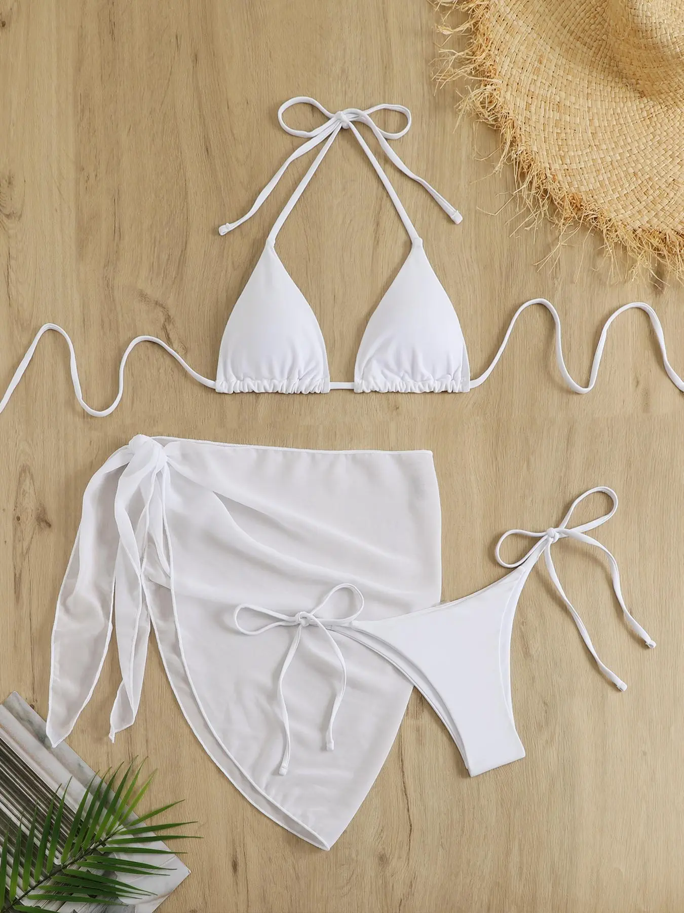 Three-piece Set Solid Halter Tie Back Bikini Top & Tie Side Swim Bottom & Sheer Skirt Set, Casual Elegant Backless Swimwear Set, Ladies Swimsuit for Beach Holiday Vacation