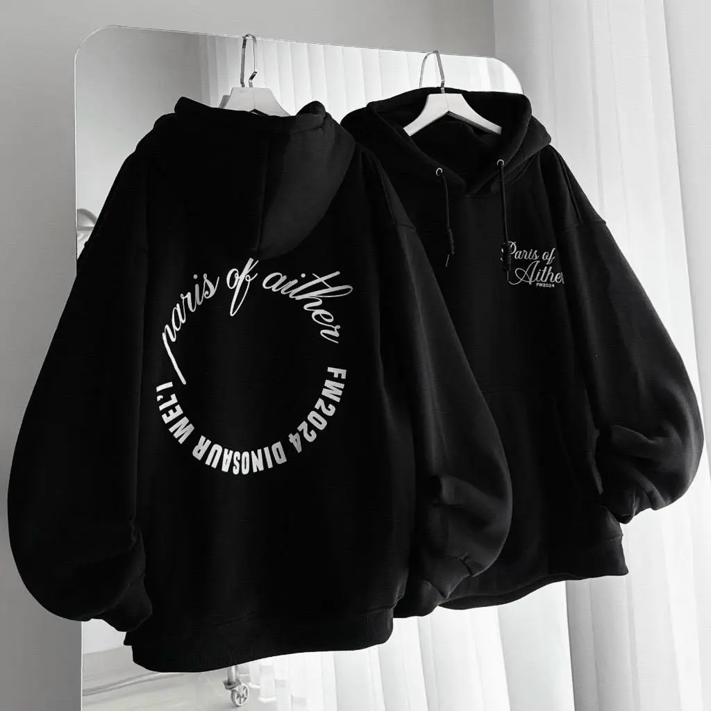 Áo Khoác In Chữ Paris of Aither Tay Phồng Kiểu Rộng Nam Nữ  - Áo Hoodie Tròng Đầu Không Có Khoá Kéo Zip Thun Nỉ Bông  Len Có Nón 2 Lớp Chống Nắng Thu Đông Menswear Đen Xám