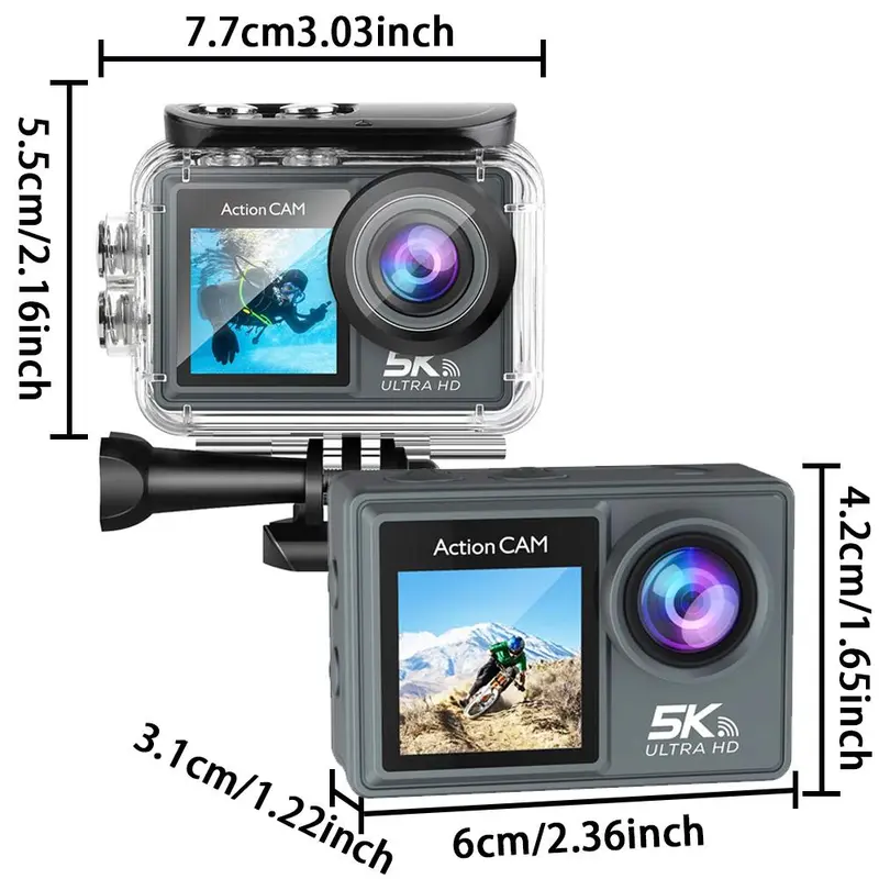 Action Camera, 5K 30 FPS Outdoor Waterproof Action Camera with Front LCD & Touch Back Screen, Camera Remote Control Sports Camera with Wide Angle Lens, Smartphone 1