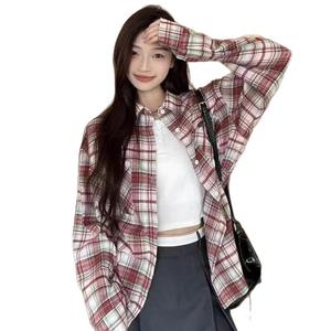 Áo sơ mi kẻ caro nữ mới cho mùa xuân và thu, dáng rộng, cổ polo, kiểu cardigan phong cách retro Mỹ, tay dài