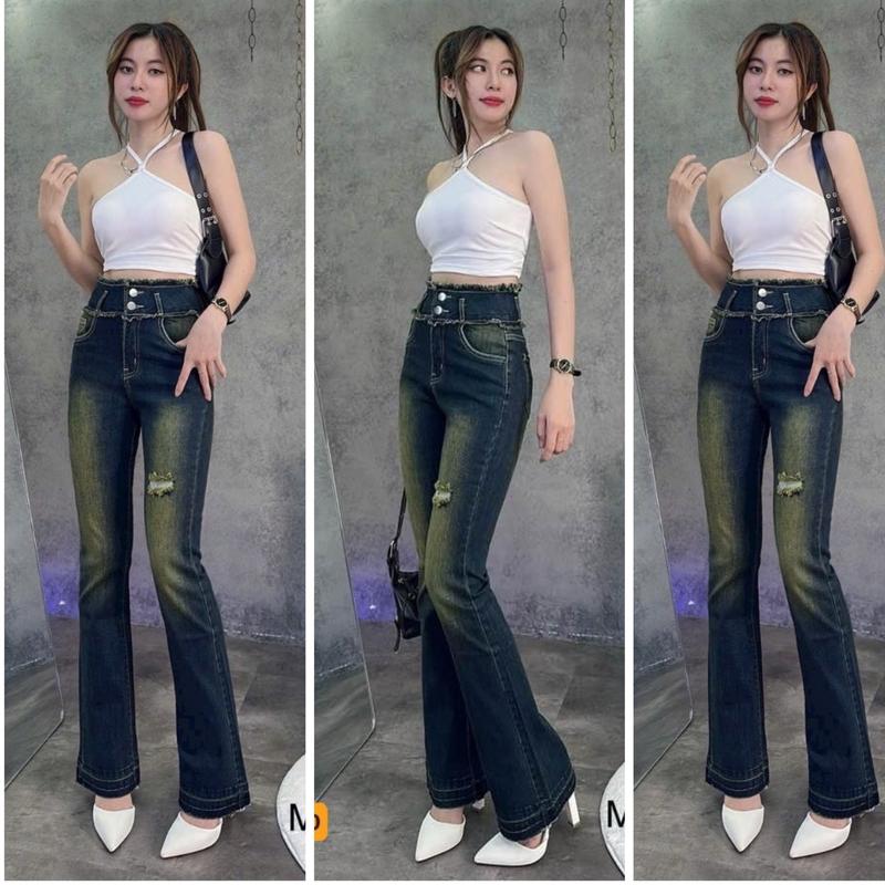 Quần jean nữ ống loe xanh bụi ôm siêu dẹp siêu hack dáng ống quần tua rua Shop Nhà Nhi-88 màu bụi 900