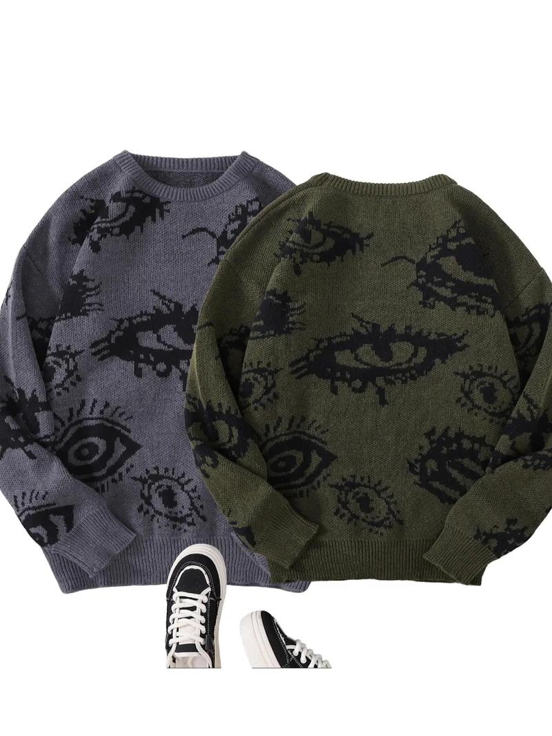 Product Introduction of Men's All Over Eye Print Drop Shoulder Sweater, Regular Fit Casual Long Sleeve Round Neck Jumper for Fall & Winter, Fashion Men's Knitwear for Daily Wear 6