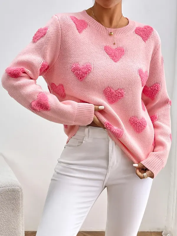 Women's Minimalist Heart Print Drop Shoulder Crewneck Sweater Tops, Basic Casual Long Sleeve Round Neck Knitting Jumper for Fall & Winter, Valentine's Day Gift, Womenswear 4