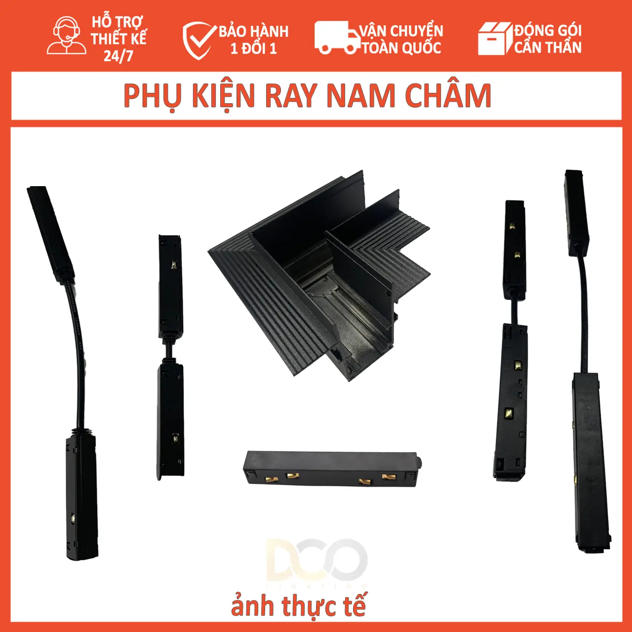 Phụ kiện nối cho hệ ray nam châm 22m bao gồm: Nối thẳng, Nối góc, Cáp nối nguồn, Nối góc thanh ray A+