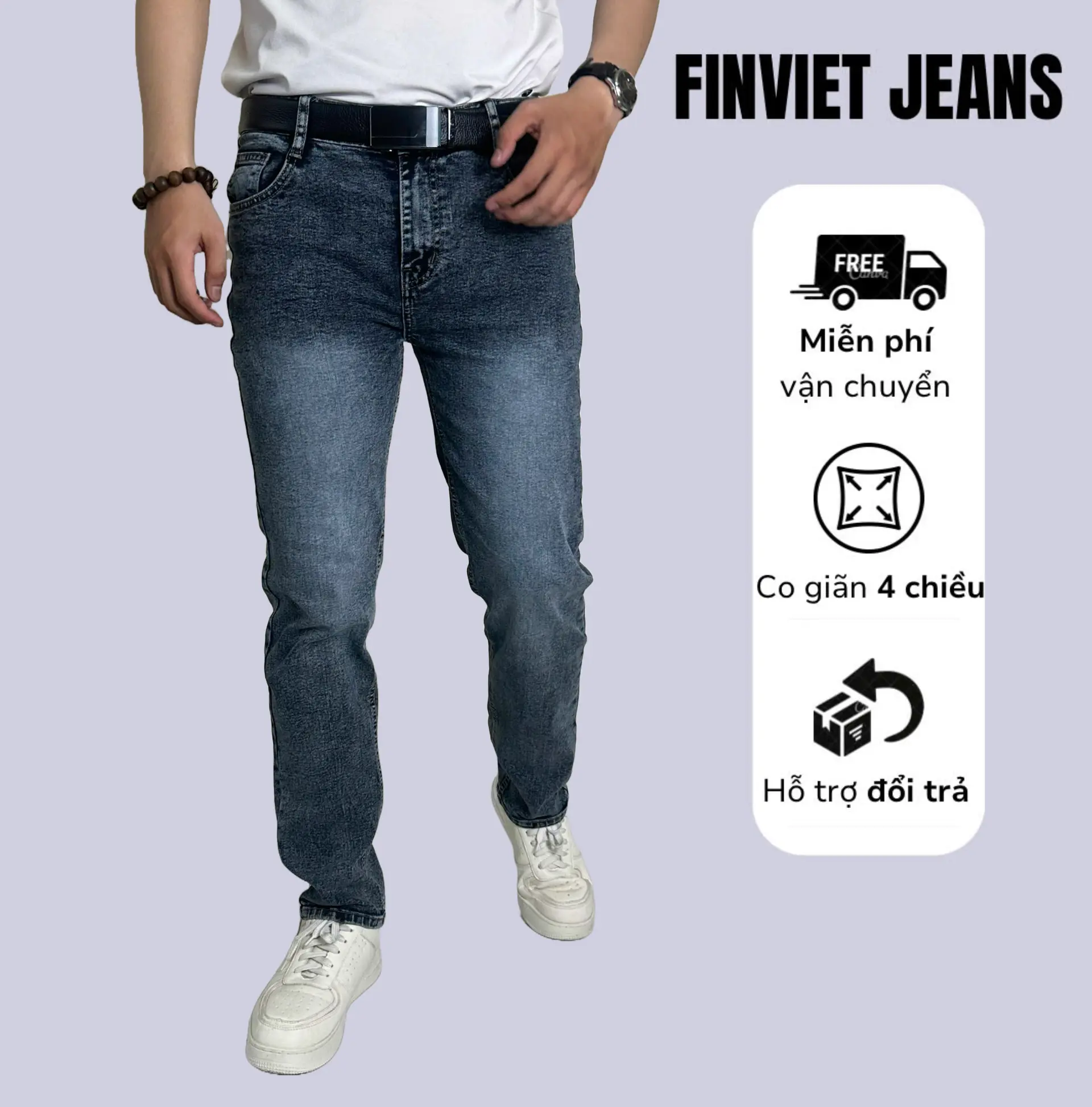 F.116 Quần Jean Nam Finviet Jeans Co Giãn 4 Chiều Màu Xanh Khói Dáng Basic Với Túi Tiện Lợi Thời Trang