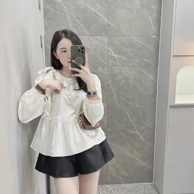 Áo ￼Áo babydoll chất thô dày dặn lên dáng xinh, dáng ngắn cổ thắt nơ