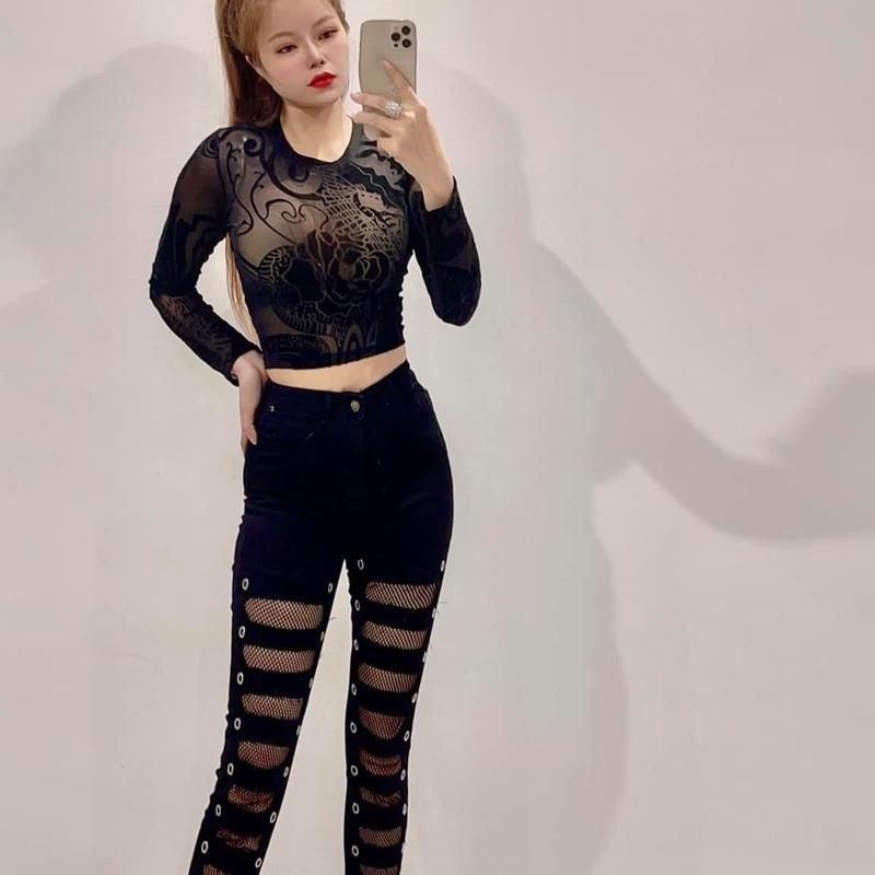  Quần jeans phối lưới  -   LN   - Chất liệu jeans co giãn 4 chiều Women Denim Pants Nữ thrift flip quansuong namlun 