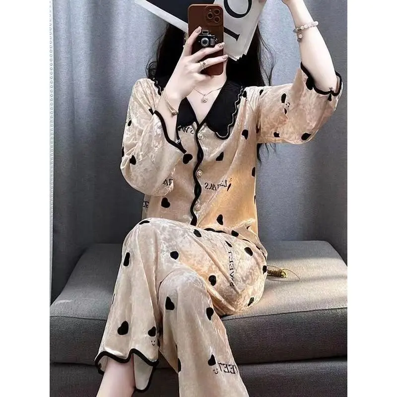 Đồ Ngủ Nhung Kim Cương, Cao Cấp, Dành Cho Nữ, Mùa Thu Và Mùa Đông, Bộ Đồ Mặc Nhà Dài Tay, Phong Cách Pháp Ngọt Ngào, Hàng Mới Về 2024, Cổ Búp Bê