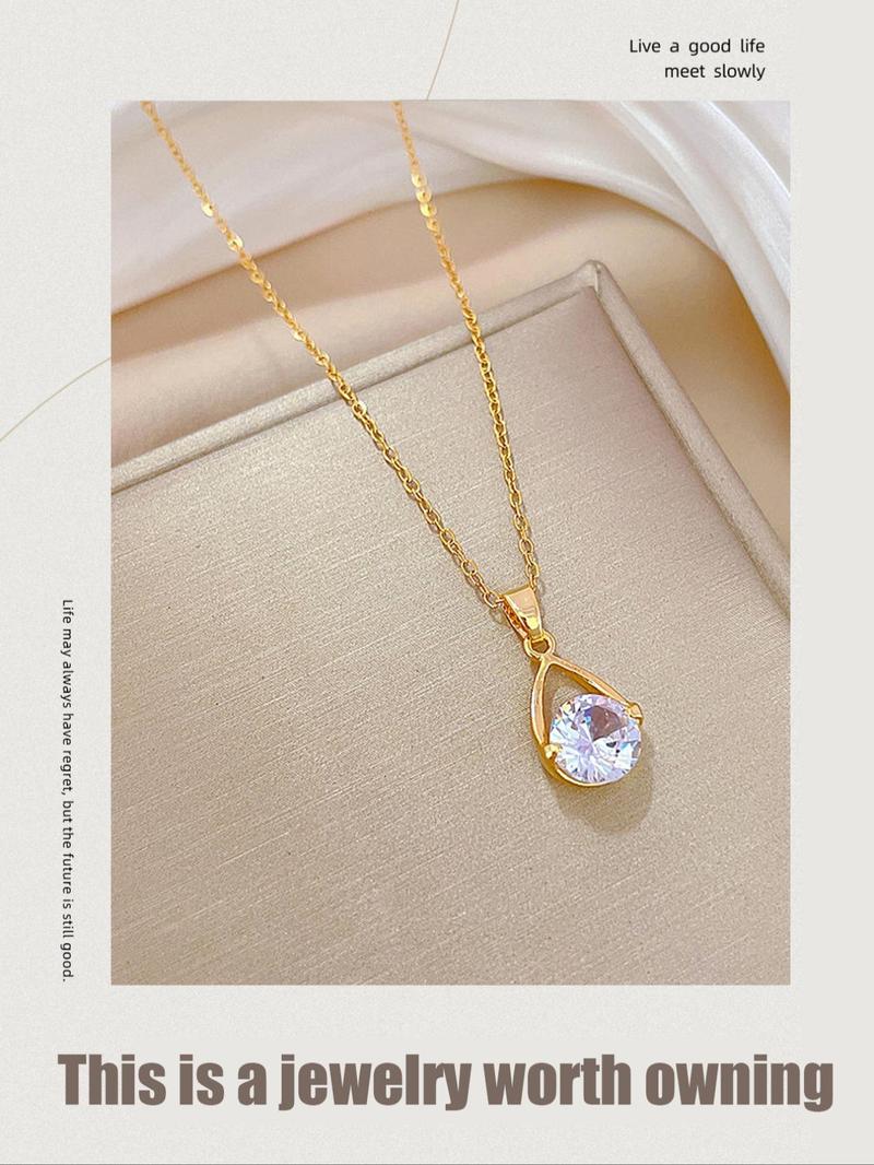 Product Introduction of Women's Elegant Water Drop Pendant Necklace Inlaid Round Rhinestone, Exquisite Trendy Pendant Necklace, Chic Jewelry As Gift for Girlfriend 3