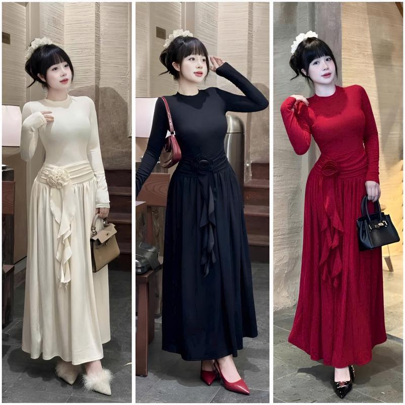 Đầm body cổ tròn, dáng dài xòe, tay dài nhún bụng đính hoa dây phong cách tiểu thư chất thun tăm lạnh đi tiệc, đi chơi_122AV Women Nữ Dress Nhung  m đỏ sang vàng váy dự tiệc