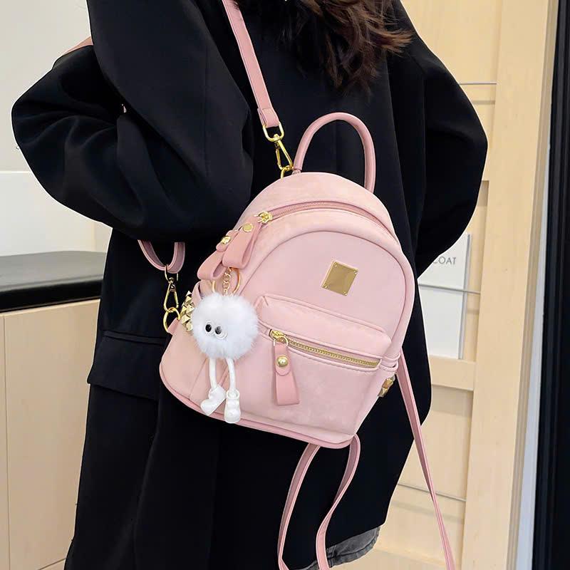 Balo mini da nhung mềm 2 ngăn kèm móc gấu đi chơi đi học đi làm mã 332