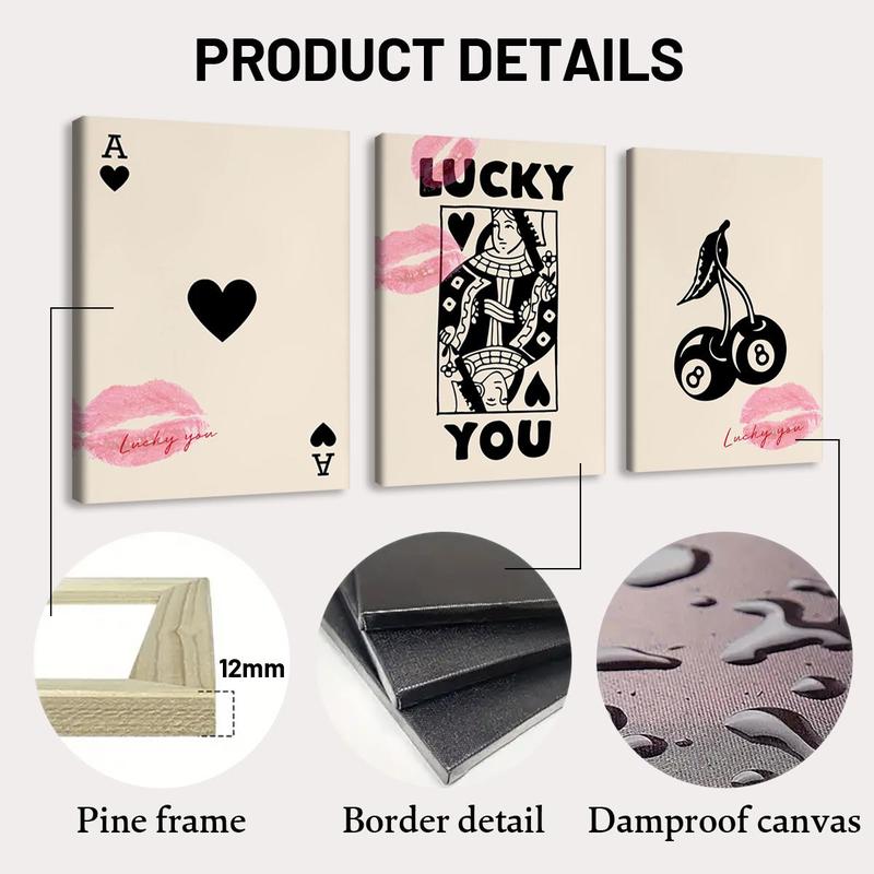 Product Introduction of Wooden Framed Canvas Painting, 3 Counts/set Lucky Card Pattern Wall Art, Fashion Art Wall Decor, Home Decoration Poster for Living Room, Bedroom, Valentine's Day Gift 3